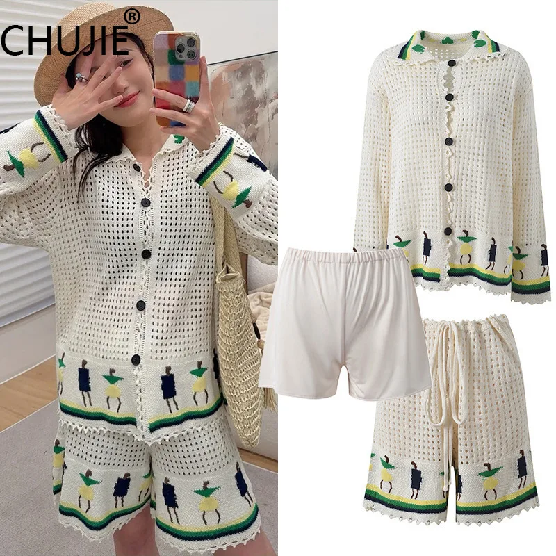 

CHUJIE Women's Dress Set Fashion Hook And Flower Collar Hollow Knitted Cardigan+Shorts Two Piece Set 2025 Spring/Summer New