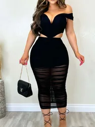 2 Piece Skirt Set Club Outfit Women Nightclub Slim Crop Top Sexy Mesh Wrap Hip See Through Elastic Off Shoulder Two Piece Set