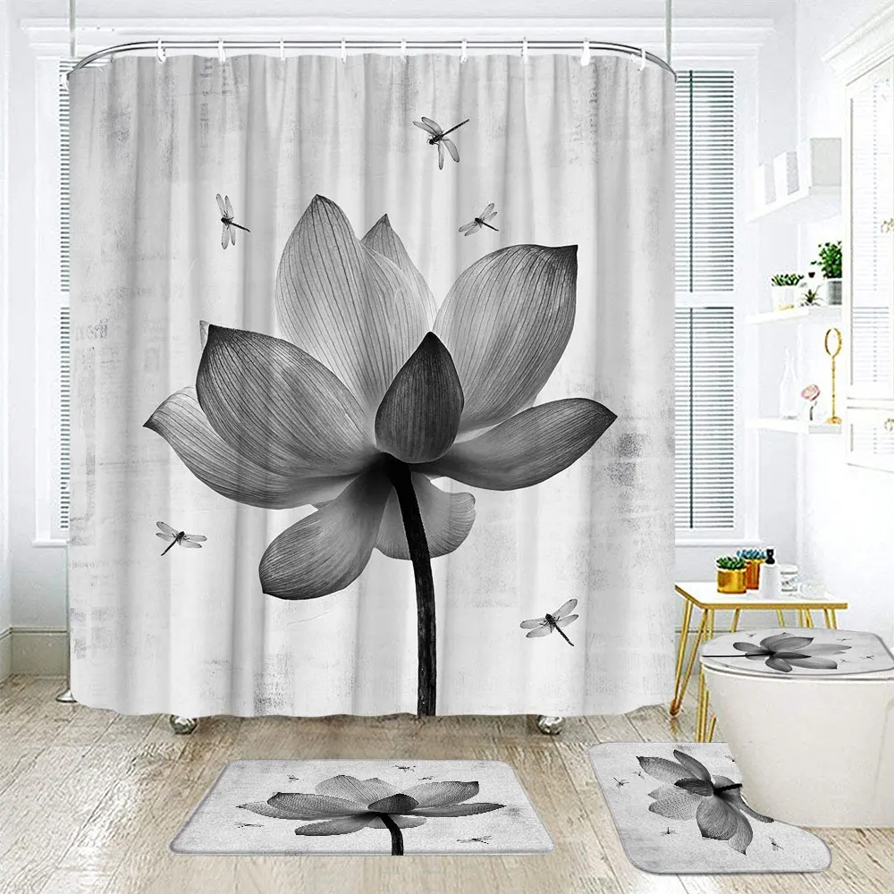 Abstract Lotus Flower Shower curtain Sets Glowing Floral on the Water Fabric Bathroom Curtain Non-slip Toilet Lid and Bath Mat