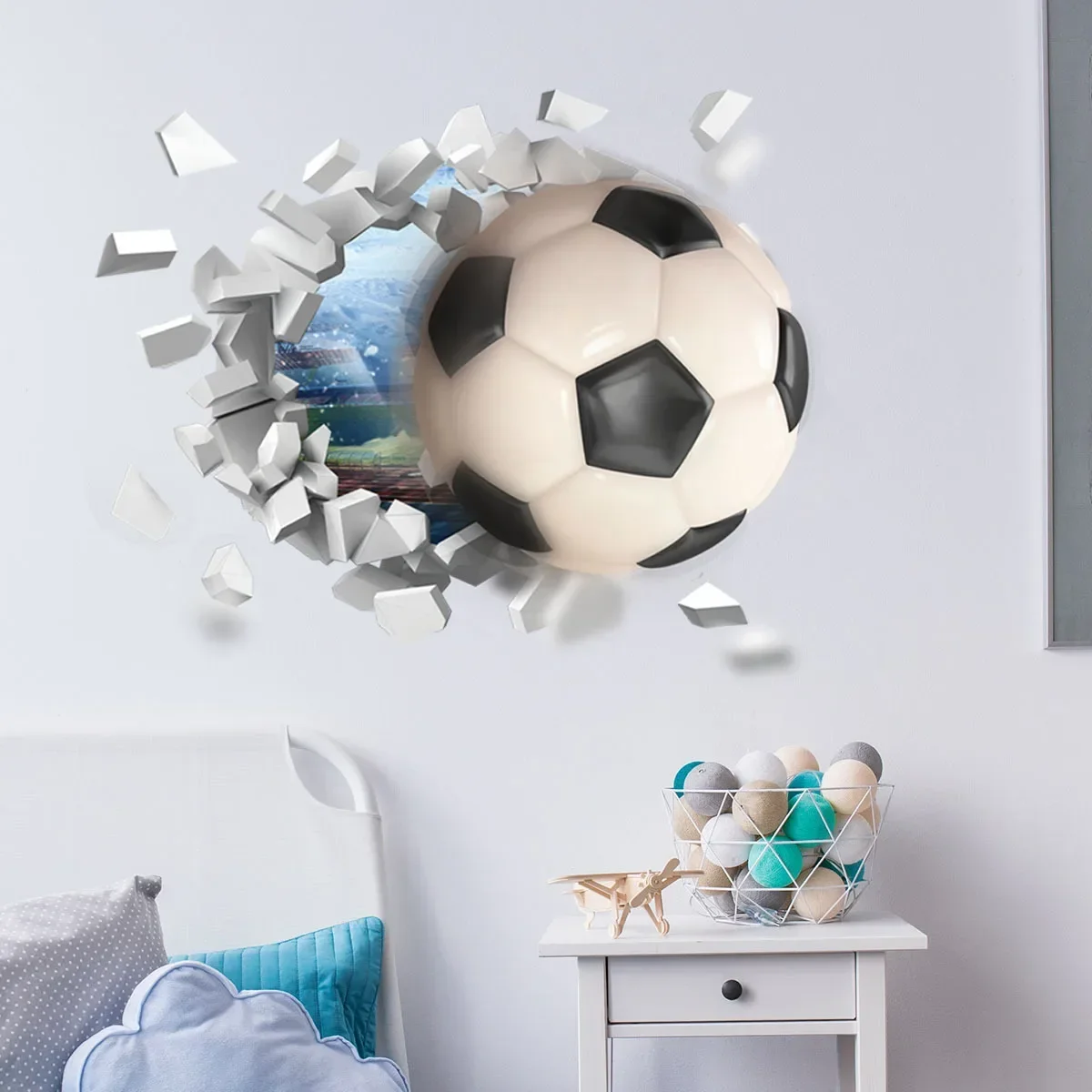 Creative Visual 3D Breaking Out of The Wall Football Wall Sticker Living Room Bedroom Wall Decoration House Beautify Wallpaper