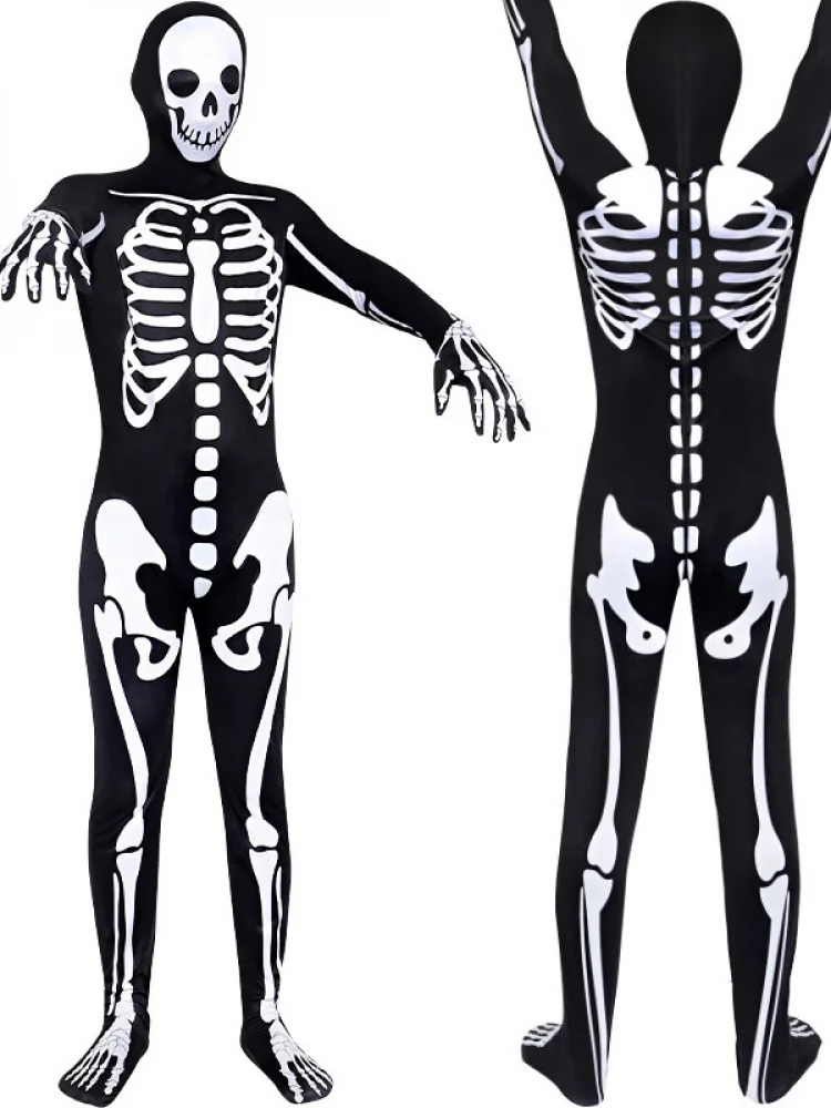 

loween Skeleton Bone Jumpsuit Tight Body Suit Stage Performance Costume Low Waist Seven/Nine Pants Length 96% plus Lycra