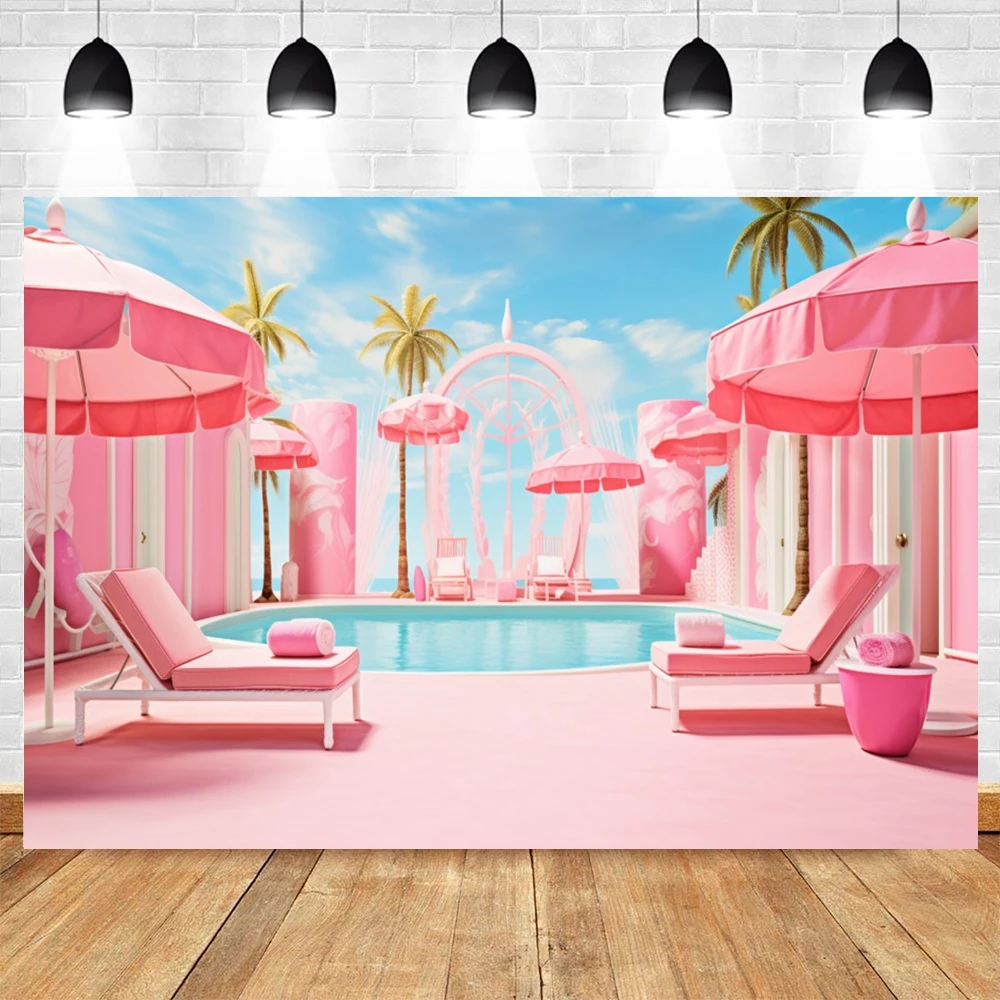 

Pink Swimming Pool Party Photography Backdrop Summer Sunshade Recliner Baby Birthday Toys Art Photo Background Photoshoot Props