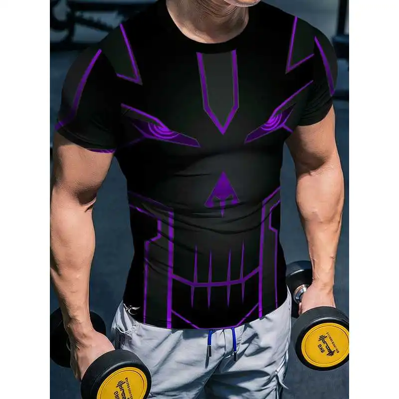 High Stretch Men's Slimming Short Sleeve T Shirt Pure Black Base With Fluorescent Purple Mecha Skull Outline Perfect For Daily