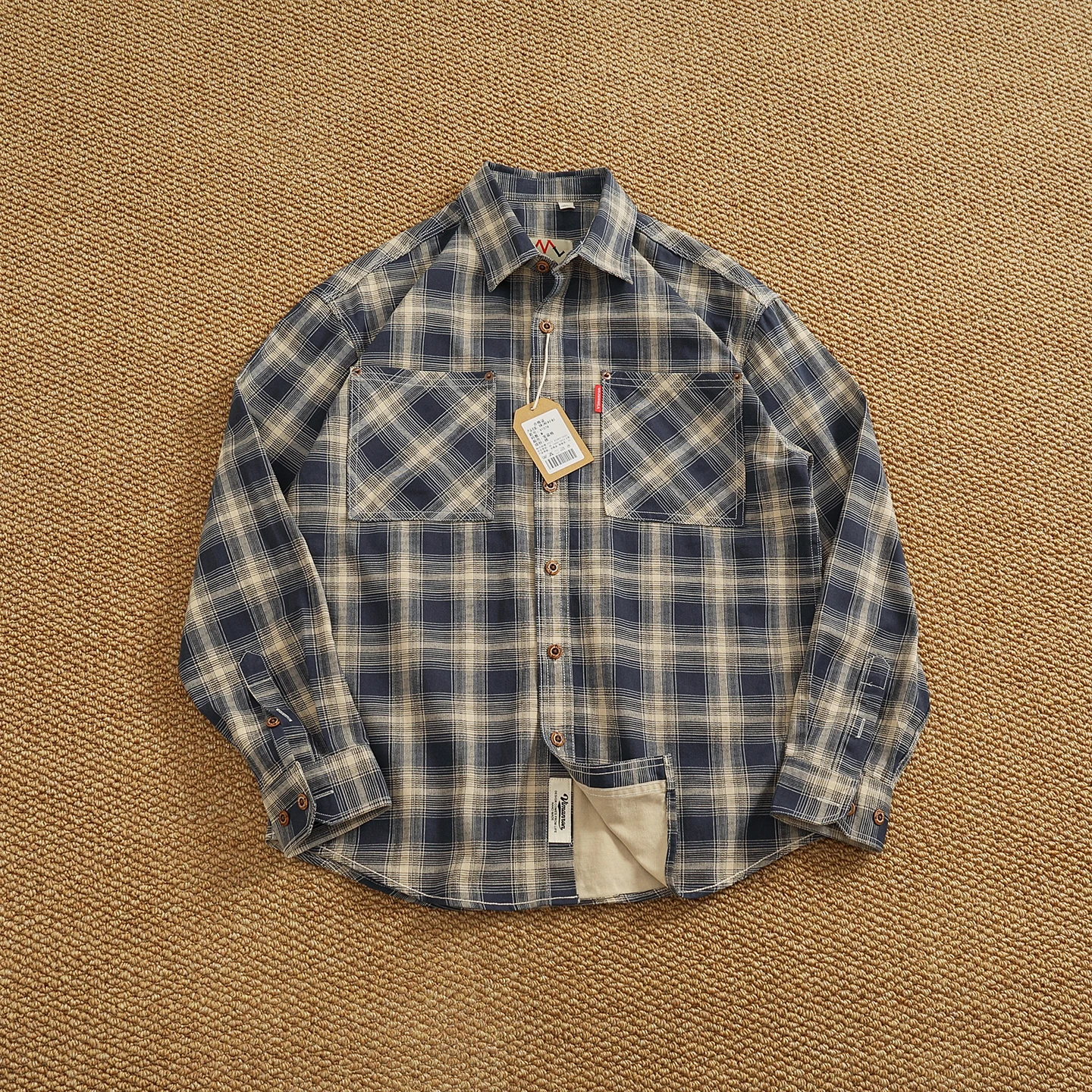 

2025 Autumn New Japanese Retro Long-Sleeve Lapel Plaid Cargo Shirt Men's Simple 100% Cotton Washed Double Pocket Casual Blouses