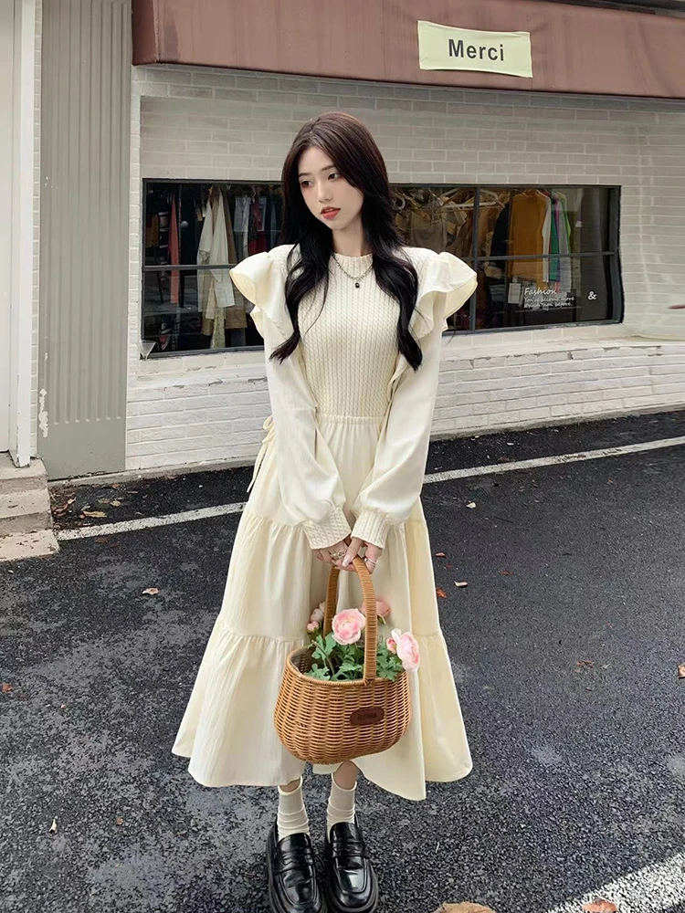 Senhoras francês babados painéis tripulação pescoço malha a linha vestido fino-encaixe ruched em camadas bolo vestido casual roupas soltas outono