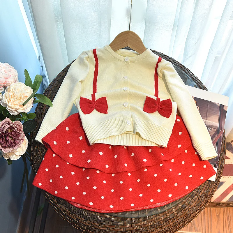 

Children's Korean Style Trendy Sweater Two-Piece Set Autumn Winter Girls' Knitted Cardigan and Short Skirt Set
