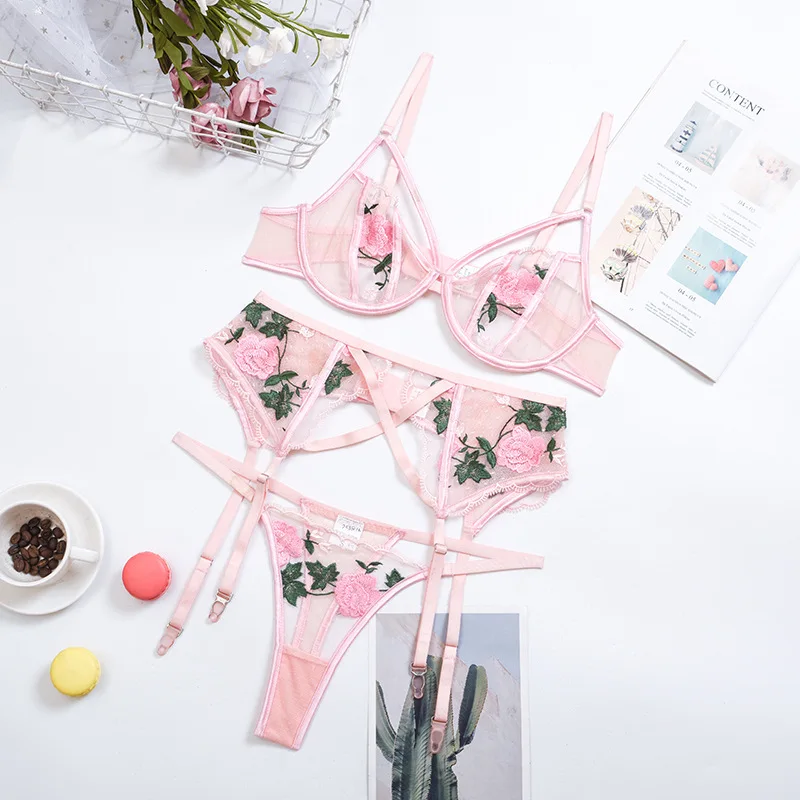 Leosoxs Floral Embrodiery Lingerie For Ladies 3 Piece Set Lace Sexy Underwear Women Bra and Panties Intimate See Through Outfit