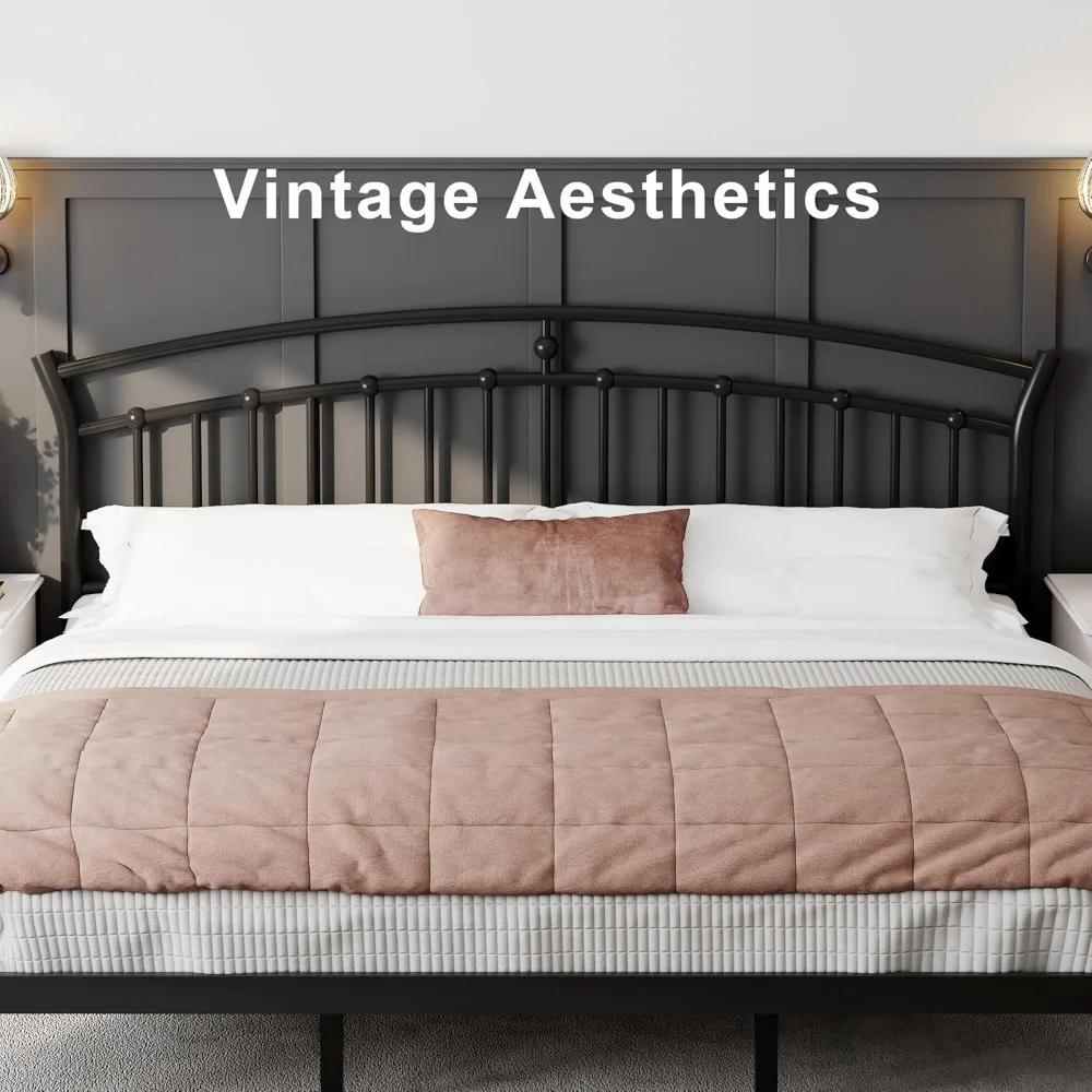 إطار سرير Feonase بحجم كينج مع لوح رأسي، إطار سرير معدني أسود شديد التحمل مع 13 شريحة فولاذية صلبة، و12 مساحة تخزين تحت السرير