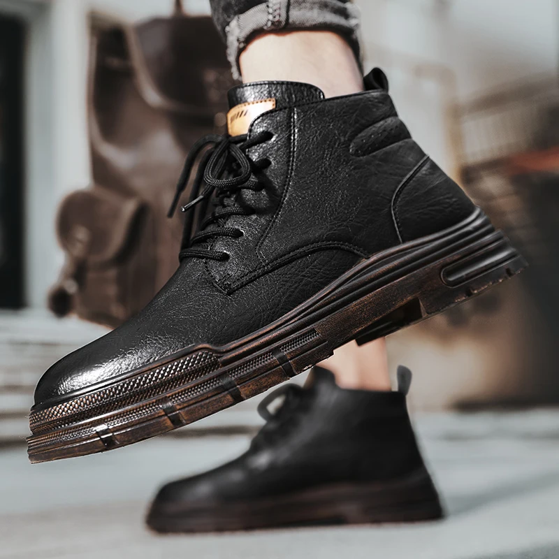 Autumn and Winter High Top Leather Shoes for Students Trendy Sports Leisure Leather Shoes, Flat Bottomed Non Slip Walking Shoes