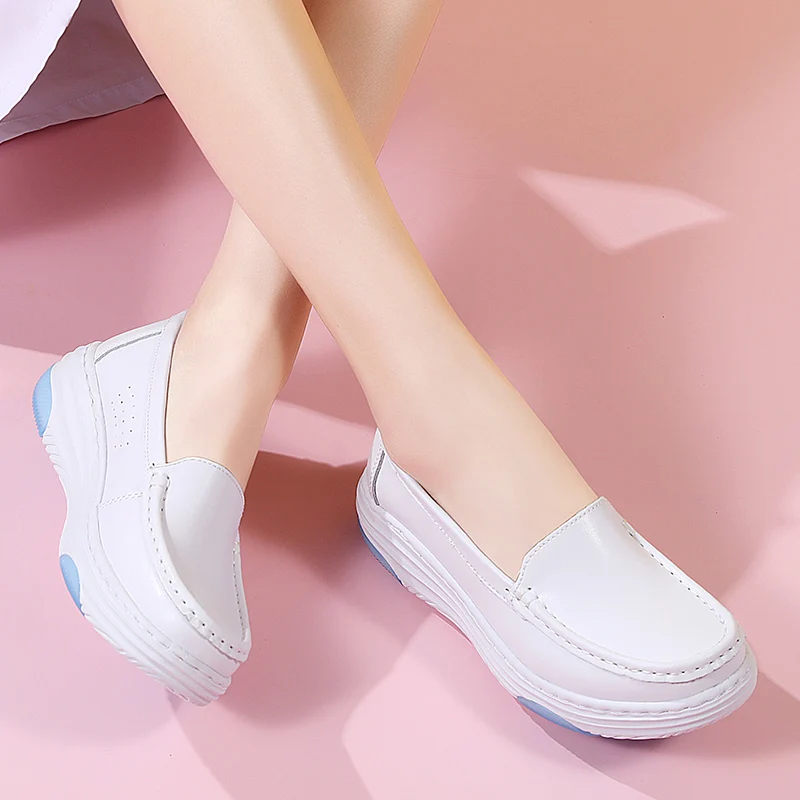 STRONGSHEN New Women Flat Leather Nurse Shoes Casual White Wedge Soft Bottom Slip On Moccasins Comfortable Hollow Out Work Shoes