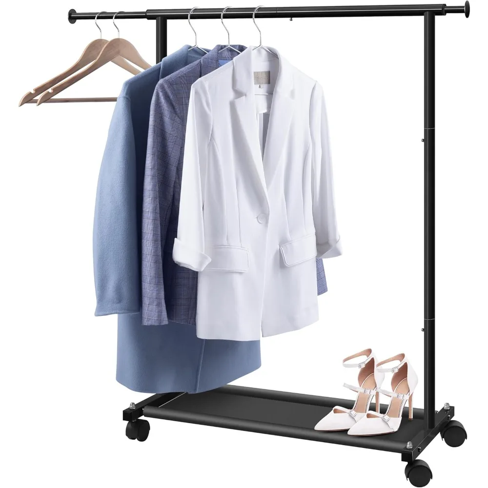 

Short Rolling Clothes Rack with Shelves – Heavy Duty Hanging Closet Organizer on Wheels, Black