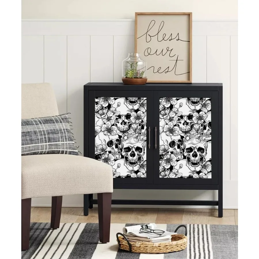 45cm Width Halloween Peel and Stick Wallpaper Sugar Skull Floral for Bedroom Black/White Removable Accent Wall Decorations