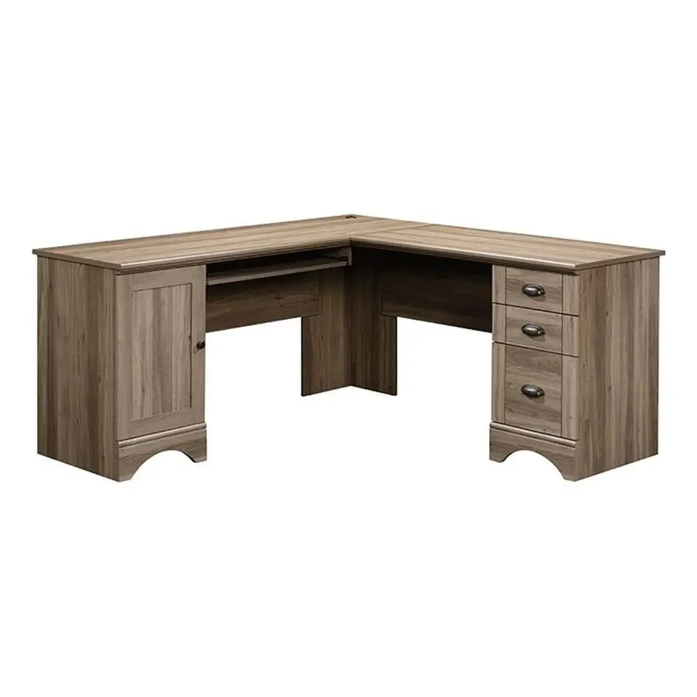 

LShaped Engineered Wood Computer Desk, 66 in Salt Oak Finish, Corner Desk with Storage Drawers, Adjustable Shelf, Cord Manageme