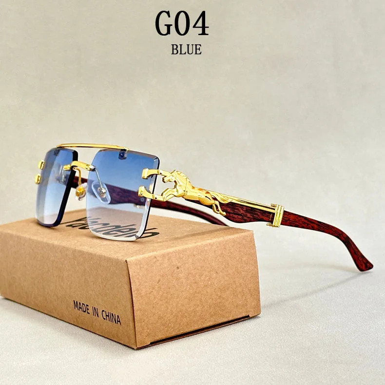 Holzmaserung Sonnenbrille Damen Trendy 2024 Randlose Sonnenbrille Herren Vintage Designer Mode-Brillen Lentes De Sol Mujer Zonnebril – Detail 4