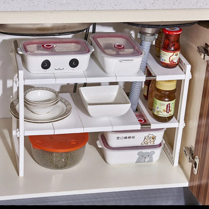 Expandable Under Sink Organizer 2-Tier Adjustable Shelf Organizer with 10 Removable Panels and Stainless Steel Pipes