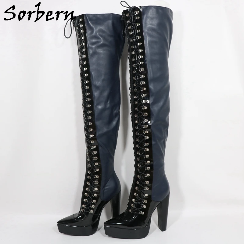 Sorbern Navy Blue Long Boots Women Fetish Style Block High Heel Pointed Toe Lace Up D-Hooks Mid Thigh High Boots Female Shoes