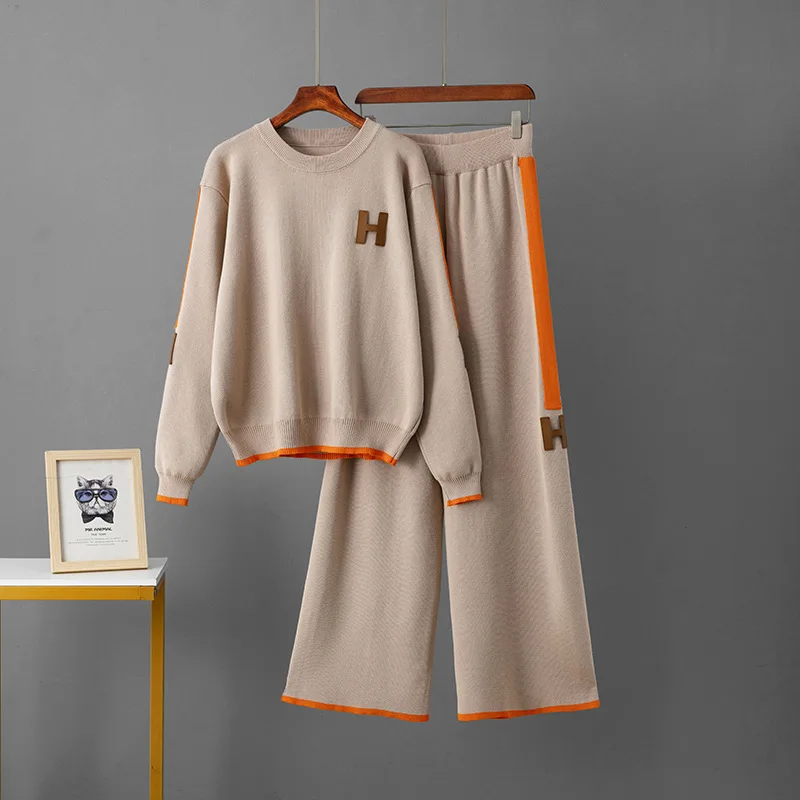 

Contrast Color Letter H Knitted Pants Set Long Sleeve O Neck Top +Elastic Long Pants Two Piece Suits Casual Knit Sweater Sets