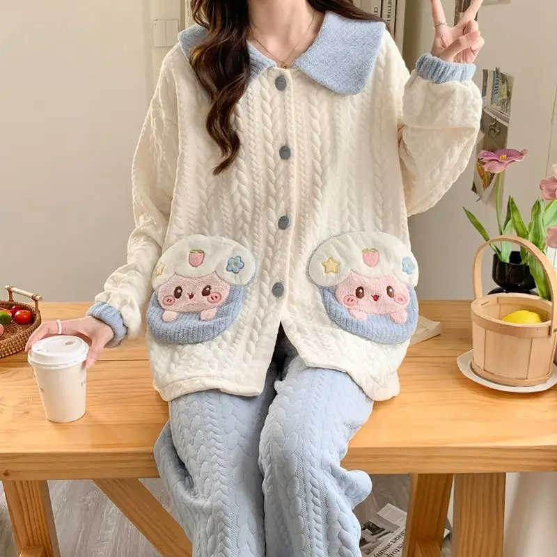 

Хлопковые женские пижамы, весна-осень-зима, удобная одежда для сна с длинными рукавами, милый утепленный домашний костюм с героями мультфильмов, сохраняющий тепло