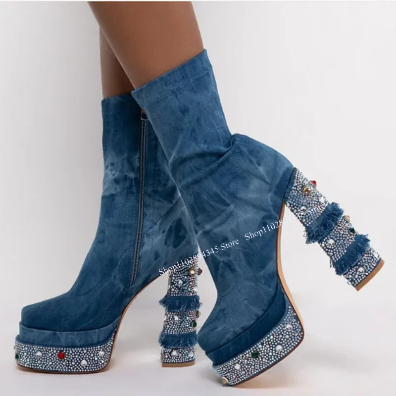 Blue Crystal Denim Boots Thick High Heel Platform Fashion Sexy Novel 2023 Summer Casual Big Size Woman Shoes Zapatillas Mujer