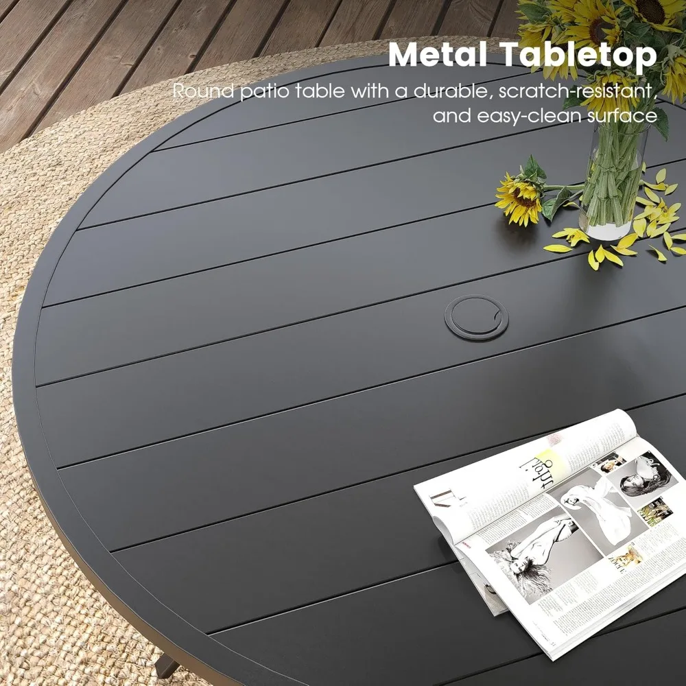 طاولة طعام للفناء الخارجي تتسع لـ 6 مقاعد، طاولة معدنية مع فتحة مظلة قابلة للتعديل، أثاث لجميع الأحوال الجوية، مناسبة لـ 50 طلقة #5