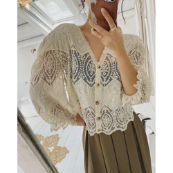 2022 Woman Ivory Lace Embroidery Flare See Through Blouses Shirt Clothing Fashion Top Sweater Star Long Sleeve Autumn Oem Y2K