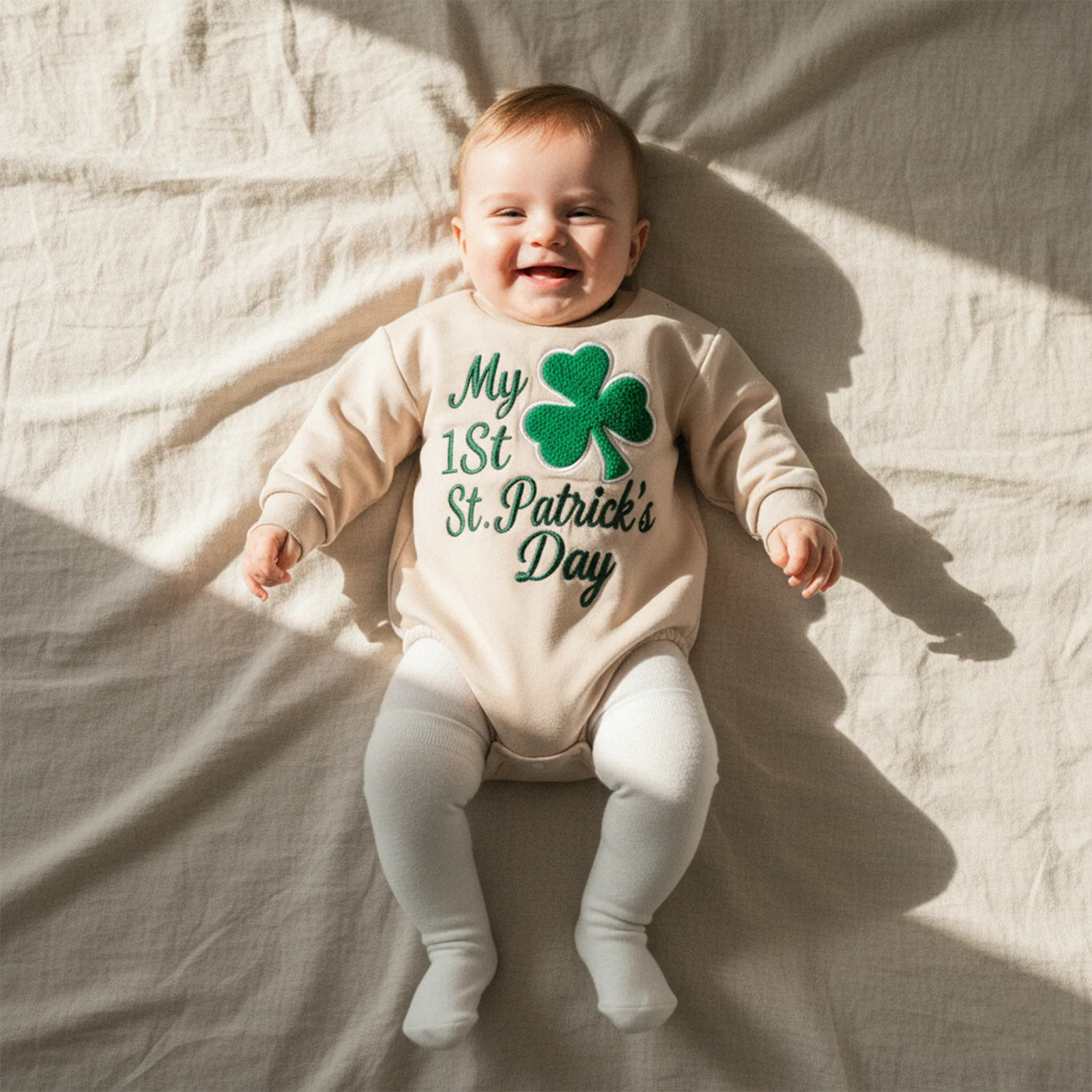 Baby St. Patrick's Day Romper Loose Fit Shamrock Letter Embroidered Crew Neck Long Sleeve Bodysuits Infant Lucky Jumpsuit