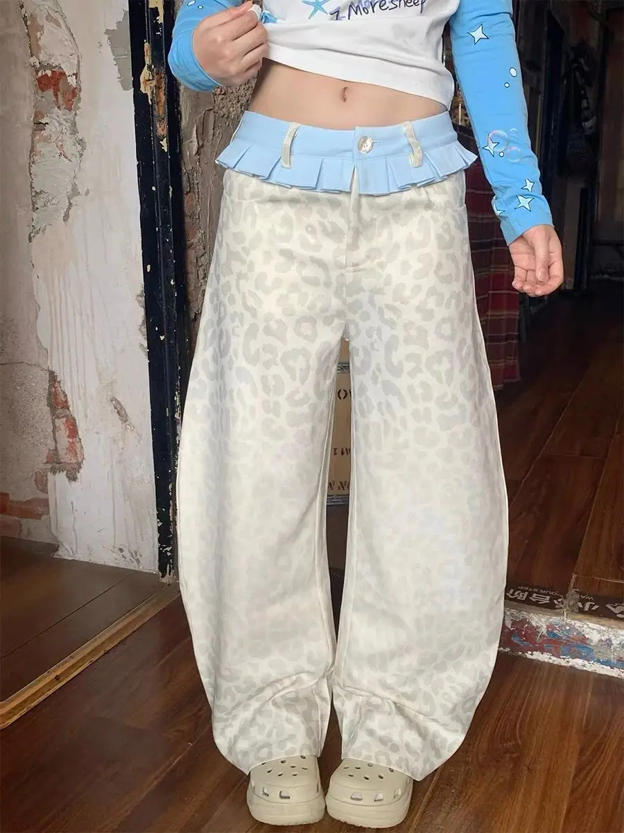 Y2K-pantalones con estampado de leopardo para mujer, pantalón holgado de pierna recta, diseño adelgazante con falda superpuesta, pantalones de moda en capas