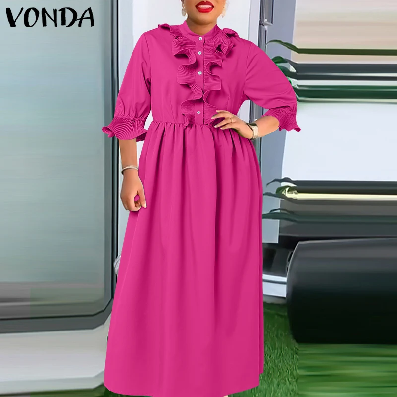 

VONDA размера плюс 5XL, богемное длинное платье макси, женское однотонное вечернее платье с расклешенными рукавами и оборками, повседневное свободное элегантное платье большого размера