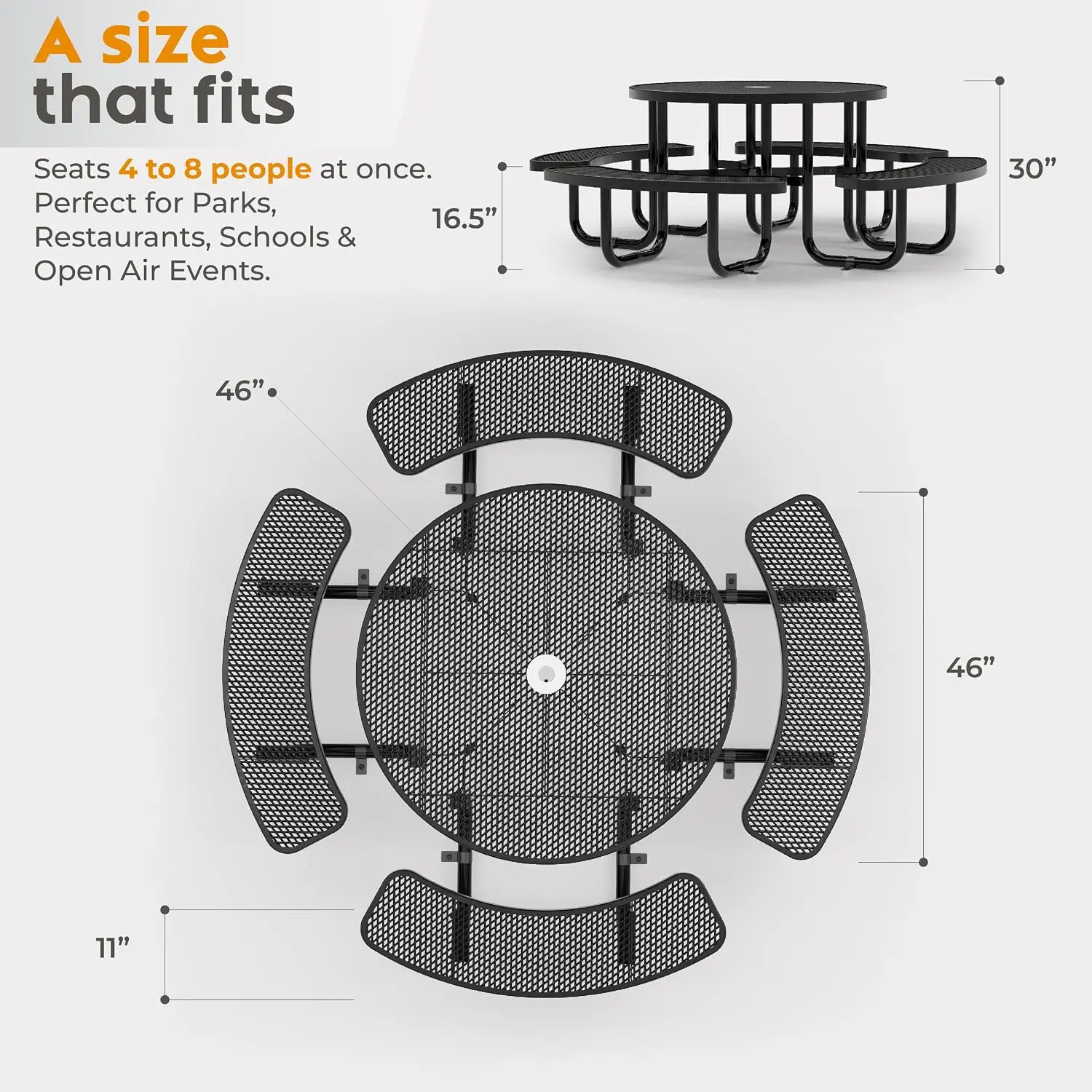 Commercial Metal Picnic Table (Black, 46in, Round, Expanded Steel)