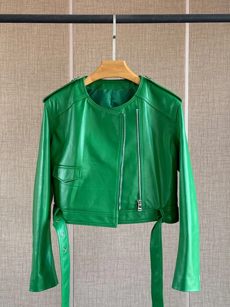 Mode femmes nouvelles vestes courtes en cuir véritable col rond fermeture éclair peau de mouton naturelle vêtements d'extérieur ceinture huile cire moto veste manteau