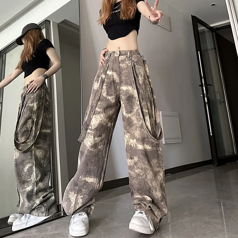 WCFCX STUDIO 2023 American Style Retro Street Camouflage Overalls Women Y2K Harajuku Fashion Cargo Pants Casual Loose Pants