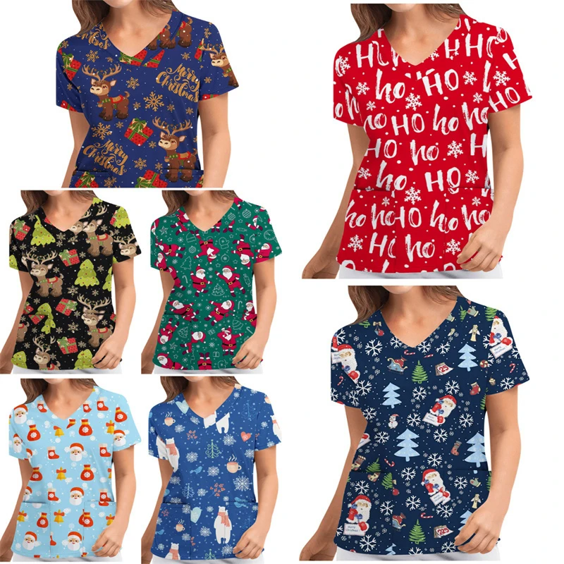 Women Care Nurse Uniform Workers T-Shirt Merry Christmas Printed Short Sleeve V Neck Holiday Fun Patterned Working Blouse Tops