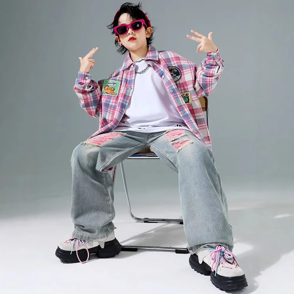 Criança legal hip hop roupas rosa xadrez camisa superior denim casual rua jogger calças de carga para menina menino jazz dança traje roupas