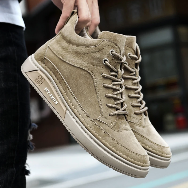 Men's New Top Layer Pig Skin High Top Cotton Shoes Casual Board Shoes Spring Autumn Fashion Boots Men's Comfortable Warm Board