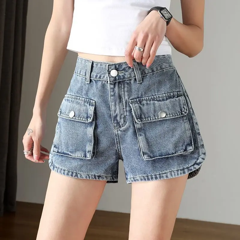 Calça jeans feminina de cintura alta solta, calça curta coreana, emagrecedora de bolso, perna larga, moda verão, quente