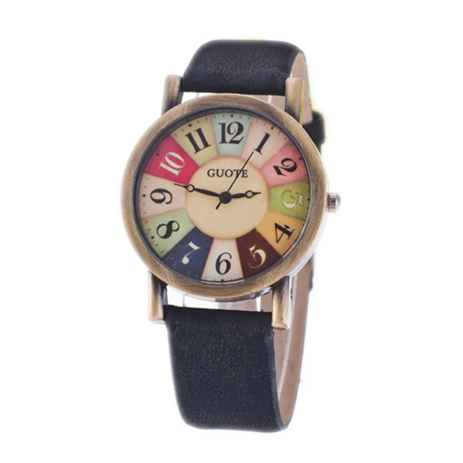 Women'S Quartz Watch Rainbow Color Digital Clock Wood Grain Turntable Top New Famous Retro Casual Leather Strap Student Gift