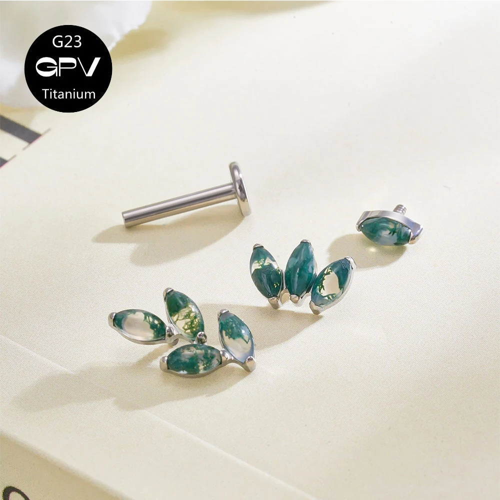 F136 G23 Titanium Water Grass Agate Ear Cartilage Nail Luxury Fashion Women's Body Perforated Jewelry Ear Nails Lip Nails