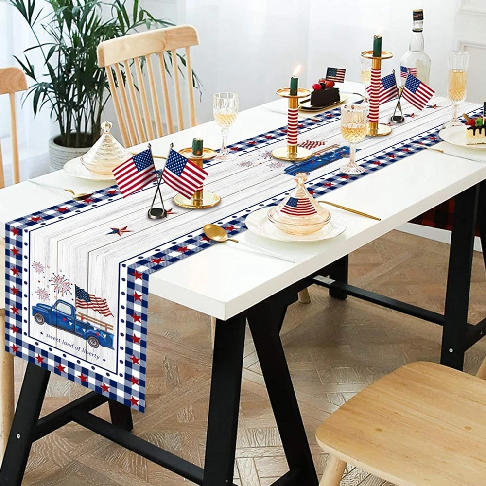 Independence Day Table Runner Desktop Decoration 4th of July Theme Non-Slip Burlap Dining Table Cloth for Home Decor Party