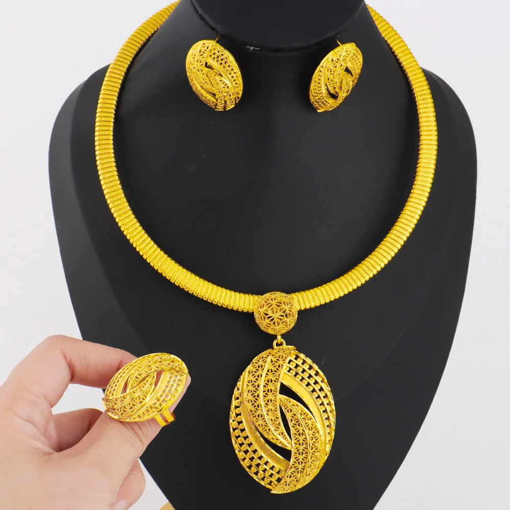 

Low-key Luxury Gold Plated Necklace Ring Earrings Jewelry Set for Women Girl Noble Design Jewelry Accessories Gift For Party