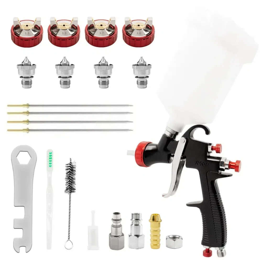 R500 LVLP Пистолет-распылитель 1,3/1,5/1,7/2,0 мм Насадка для покраски автомобиля с пластиковым стаканчиком на 600 мл, для автомобилей и домашних поделок