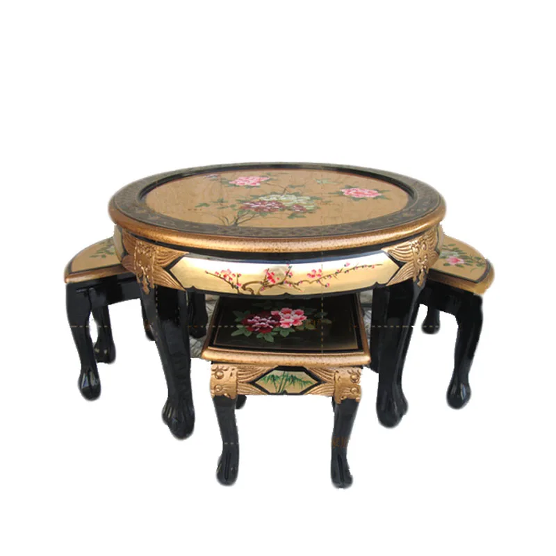 Furniture gold foil hand-painted round dining table and chairs European furniture