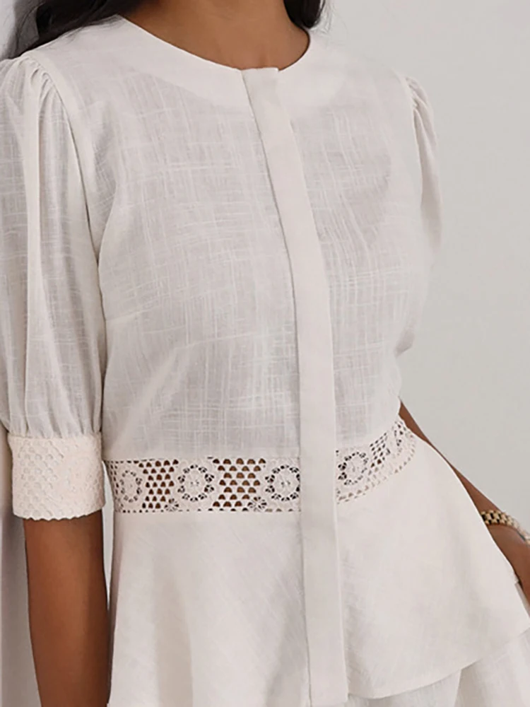 

Summer Pocket Loose Lace Outfits 2025 Casual Women's O Neck Top and Shorts Two Piece Set Simple Solid Color Ruffled Beach Suit