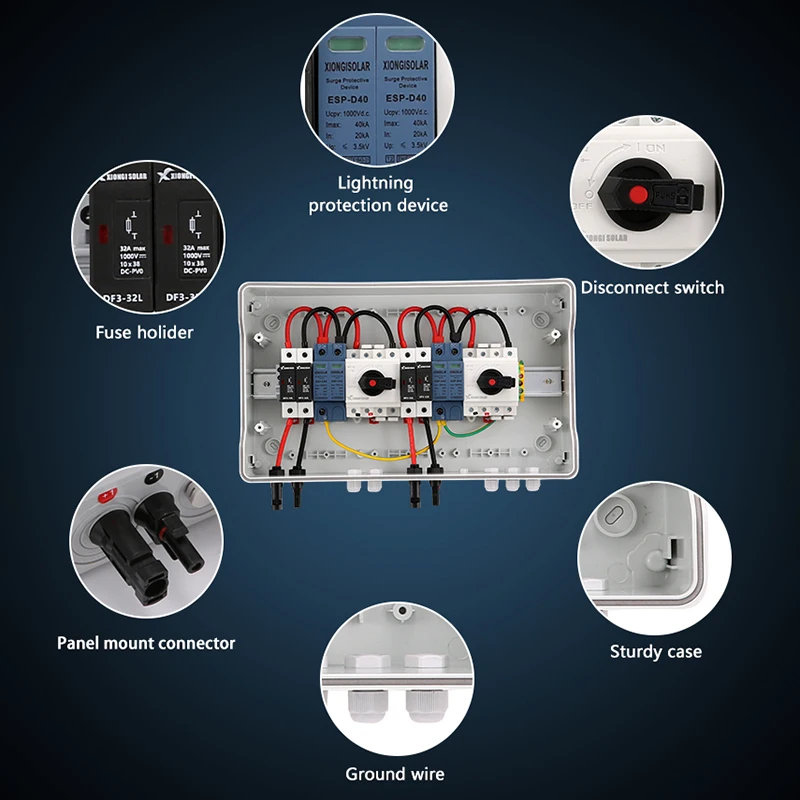 XG-2-2-1000V Photovoltaic combiner box IP65 Protection against lightning Isolating switch Send a pair of connectors