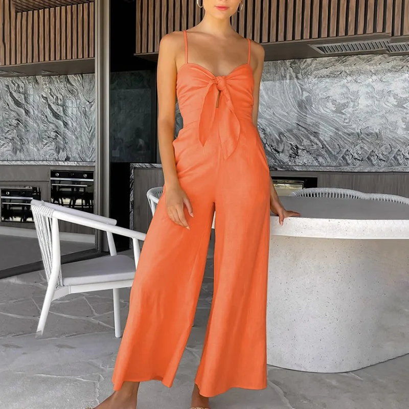 

Women's Sexy Cotton Linen Suspender Wide Leg Jumpsuit 2024 Summer Fashion Youthful Women Clothes Vacation Casual Loose Jumpsuits