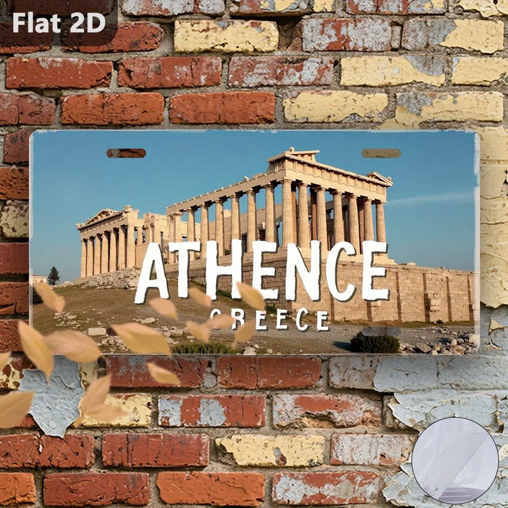 2D Flat, 1pc, Only for Decoration Decoration, Outdoor Signs & Wall Decor (30.48cm X 14.99cm), Athenian Ruins Greece, Retro Metal