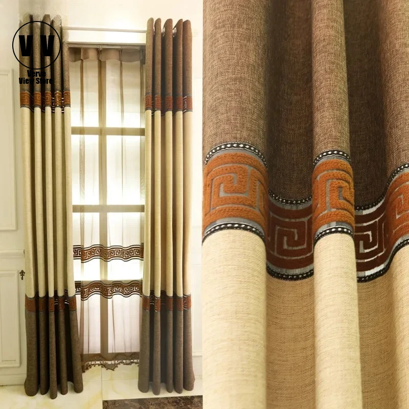 

Linen Blackout Light Luxury Curtains for Living Room Bedroom High Quality Window Tulle Coffee Blue Curtain Customized Decoration
