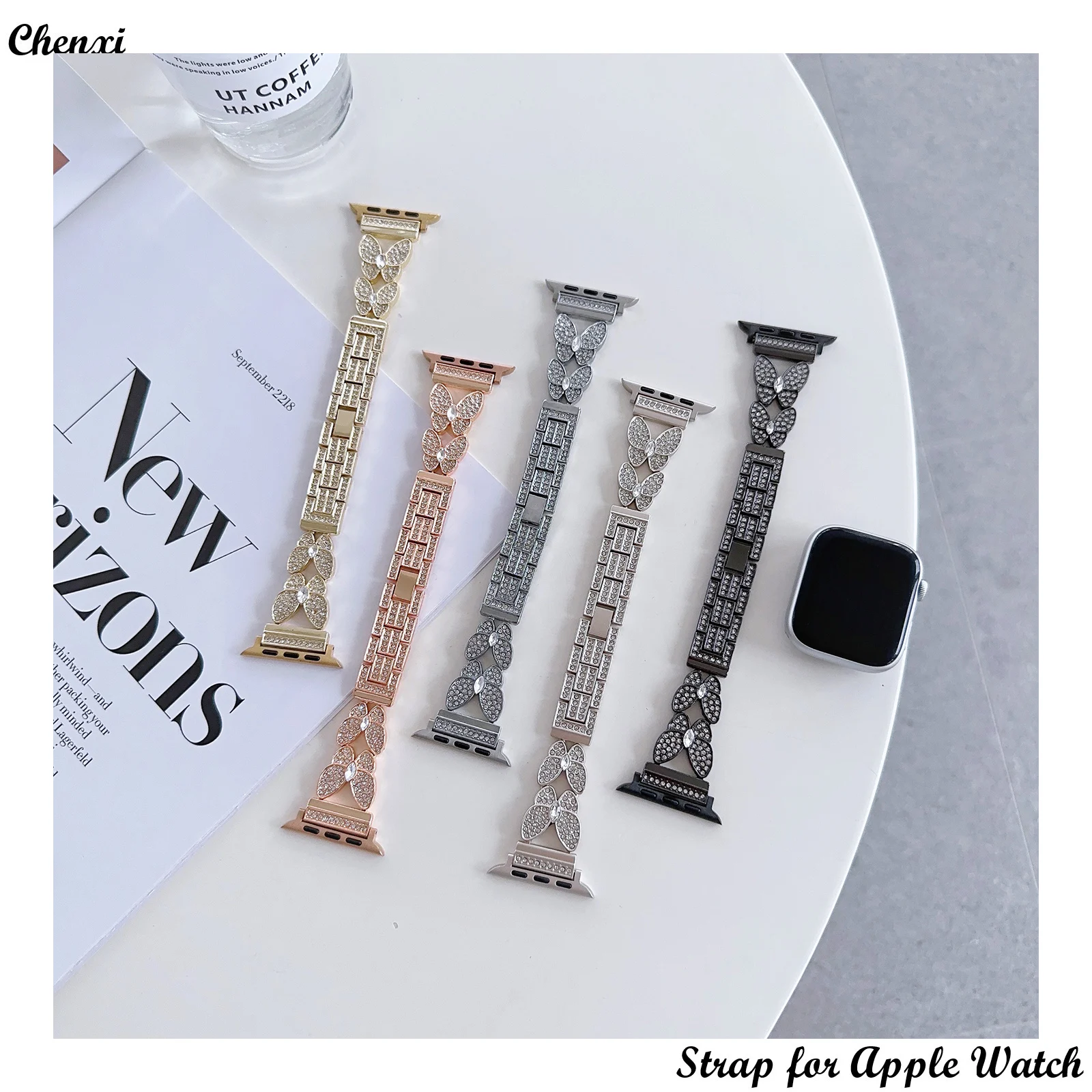 

Metal strap for Apple watch band women double butterfly bracelet chain iwatch87654321SE Ultra40 41 42 44 45mm sweet diamond wris