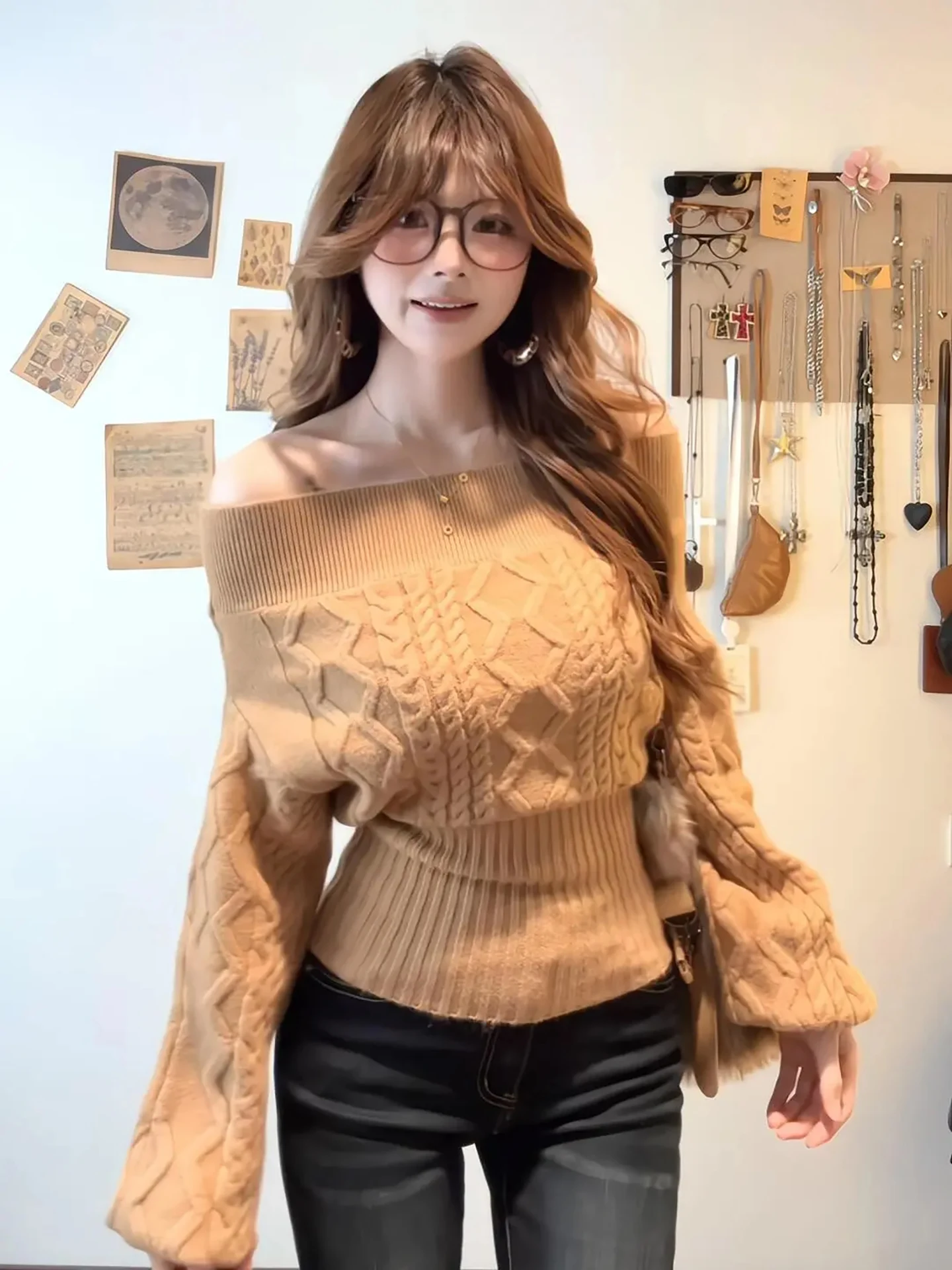 

i Color One-oulder Women's Knitted Sweater Soft Cozy Korean Sle Lazy Faion Winter New Arrival ort Sve Top
