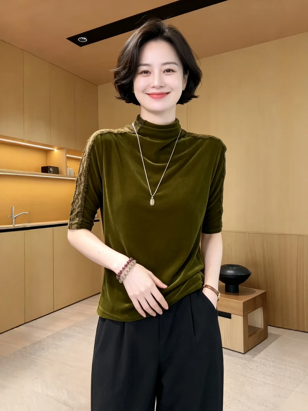 plus Size Women's Lace Half High Collar Green T-Shirt Thin mid Sleeve Velvet Base Shirt Casual Style Autumn Fashion Top