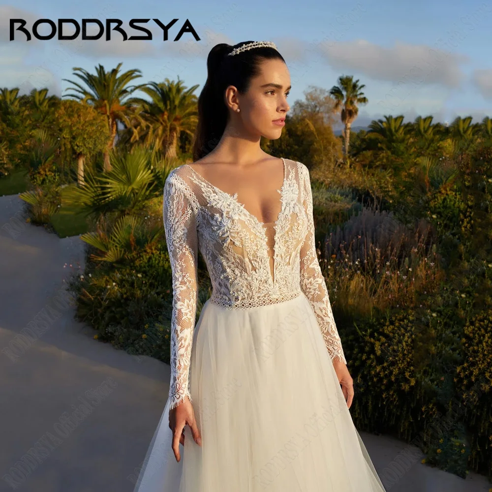 RODDRSYA gaun pernikahan elegan dengan lengan panjang V-Neck Backless gaun pengantin renda Applique klasik Tulle A-Line vetido de novia